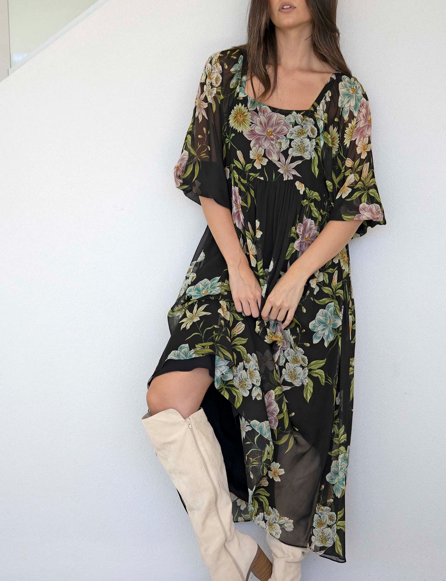 Night Garden Black Floral Square Neck Maxi Dress