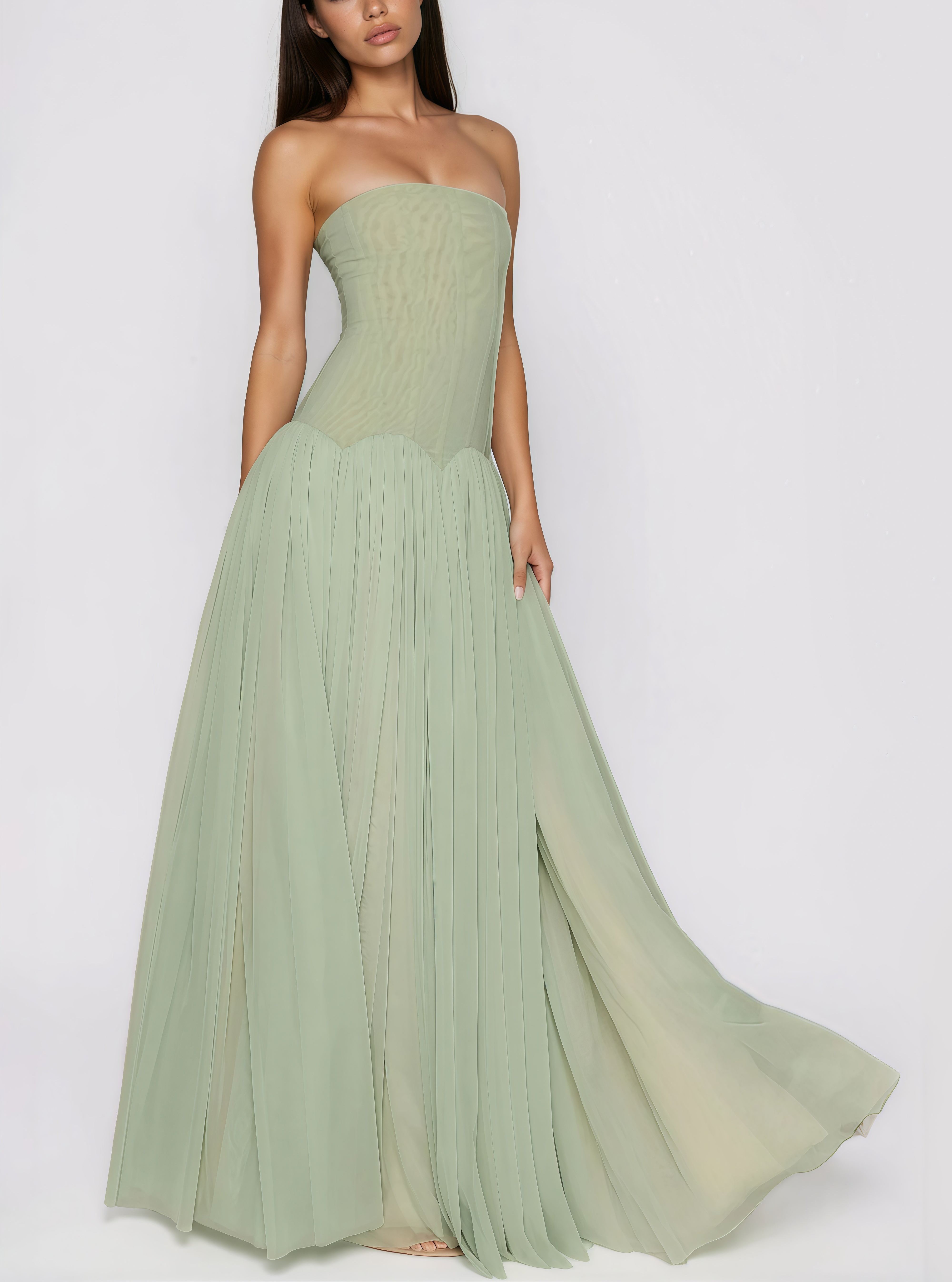 Salome Green Off Shoulder Pleated Maxi Dress