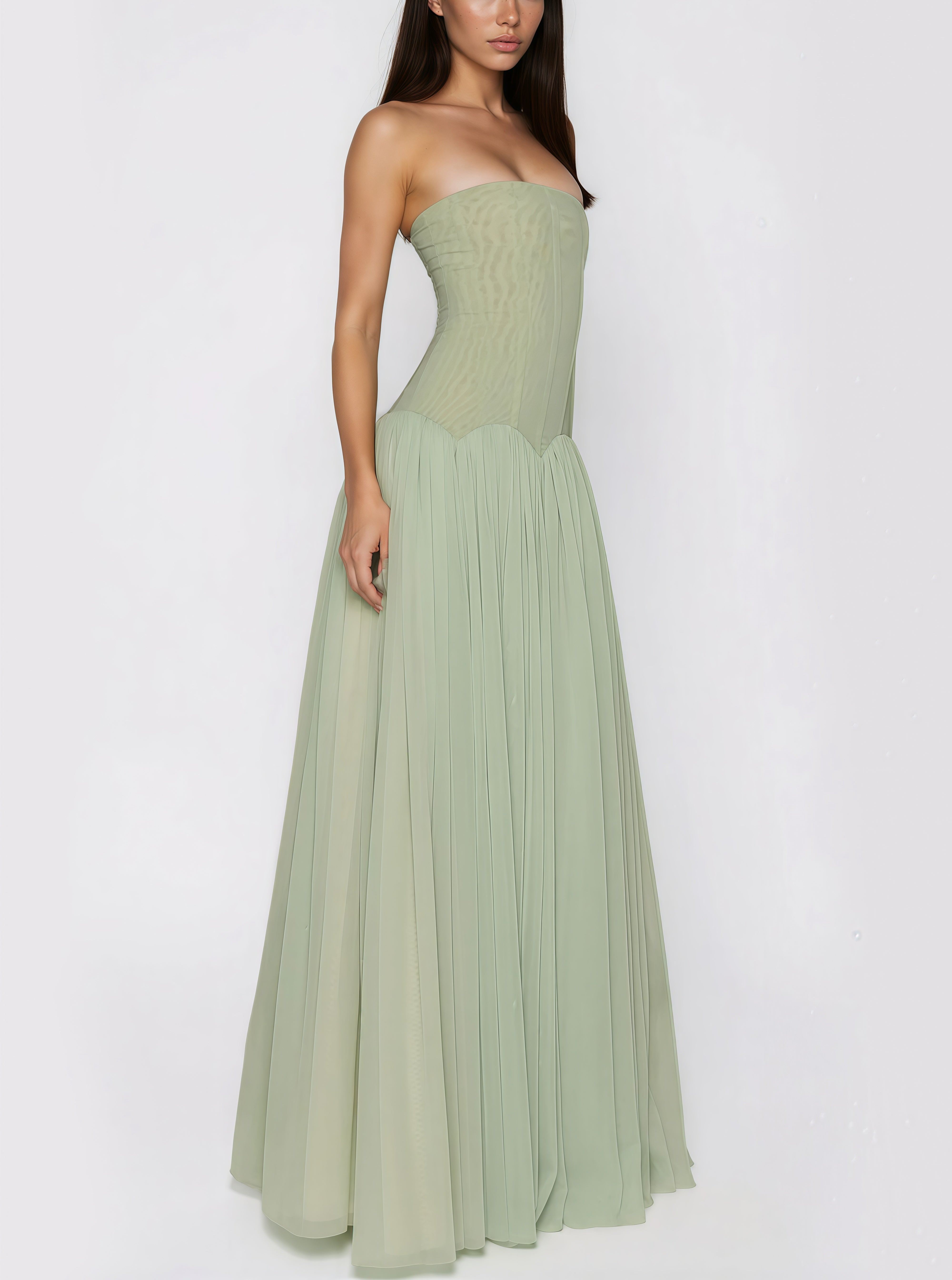Salome Green Off Shoulder Pleated Maxi Dress
