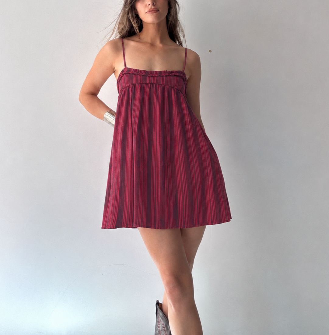 Red & Burgundy Striped Spaghetti Strap Smocked Mini Dress