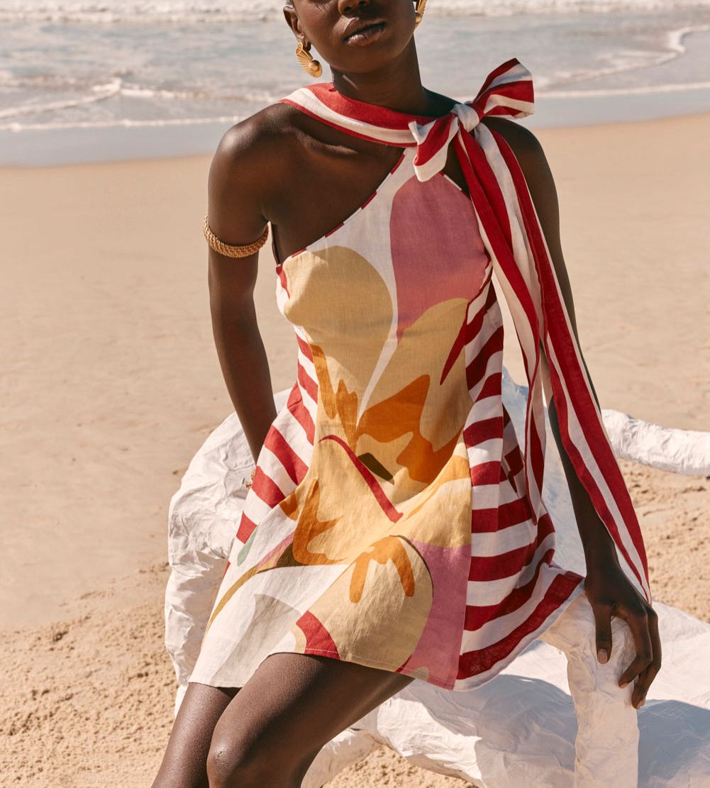 Red Stripe & Abstract Floral One-Shoulder Mini Dress