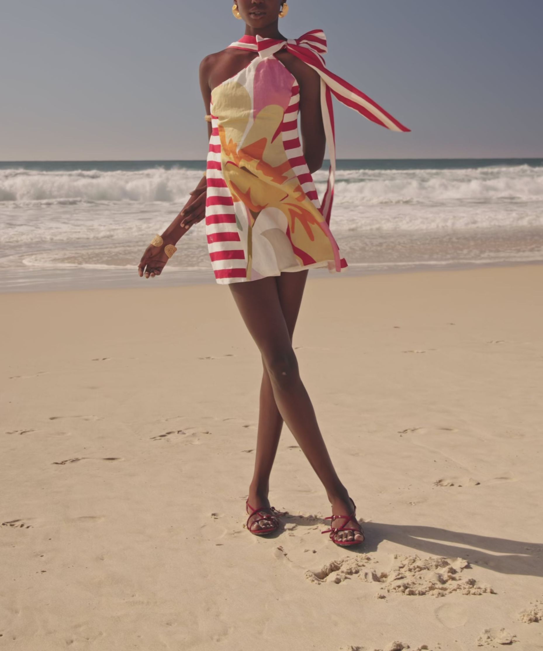 Red Stripe & Abstract Floral One-Shoulder Mini Dress