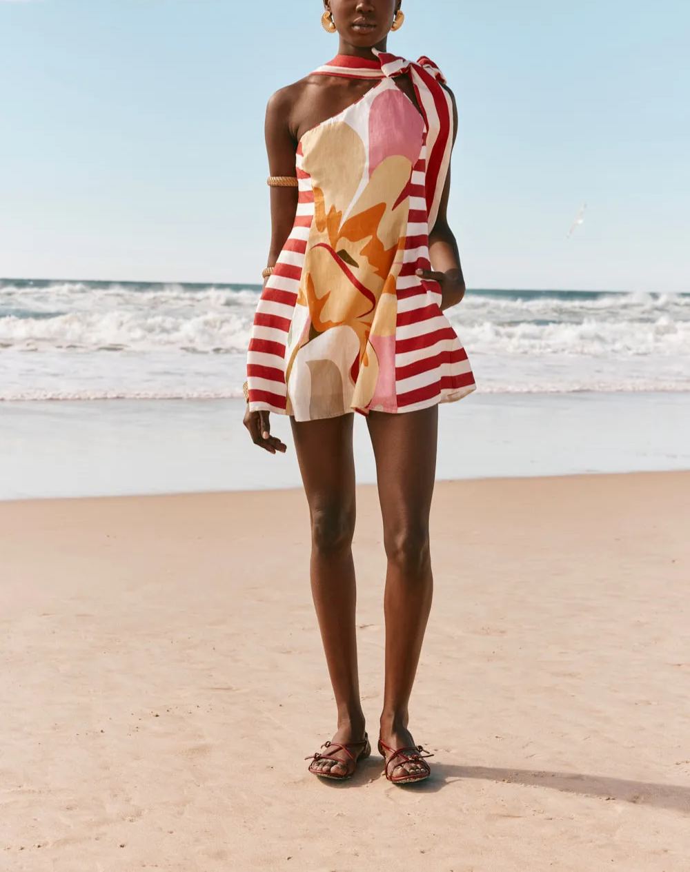 Red Stripe & Abstract Floral One-Shoulder Mini Dress