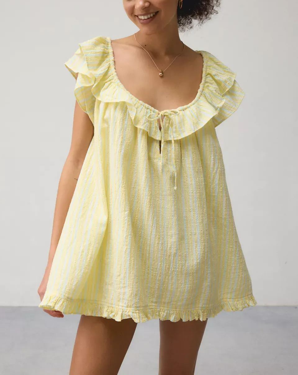 Casual Crinkled Textured Stripe Ruffle Neck Swing Mini Dress