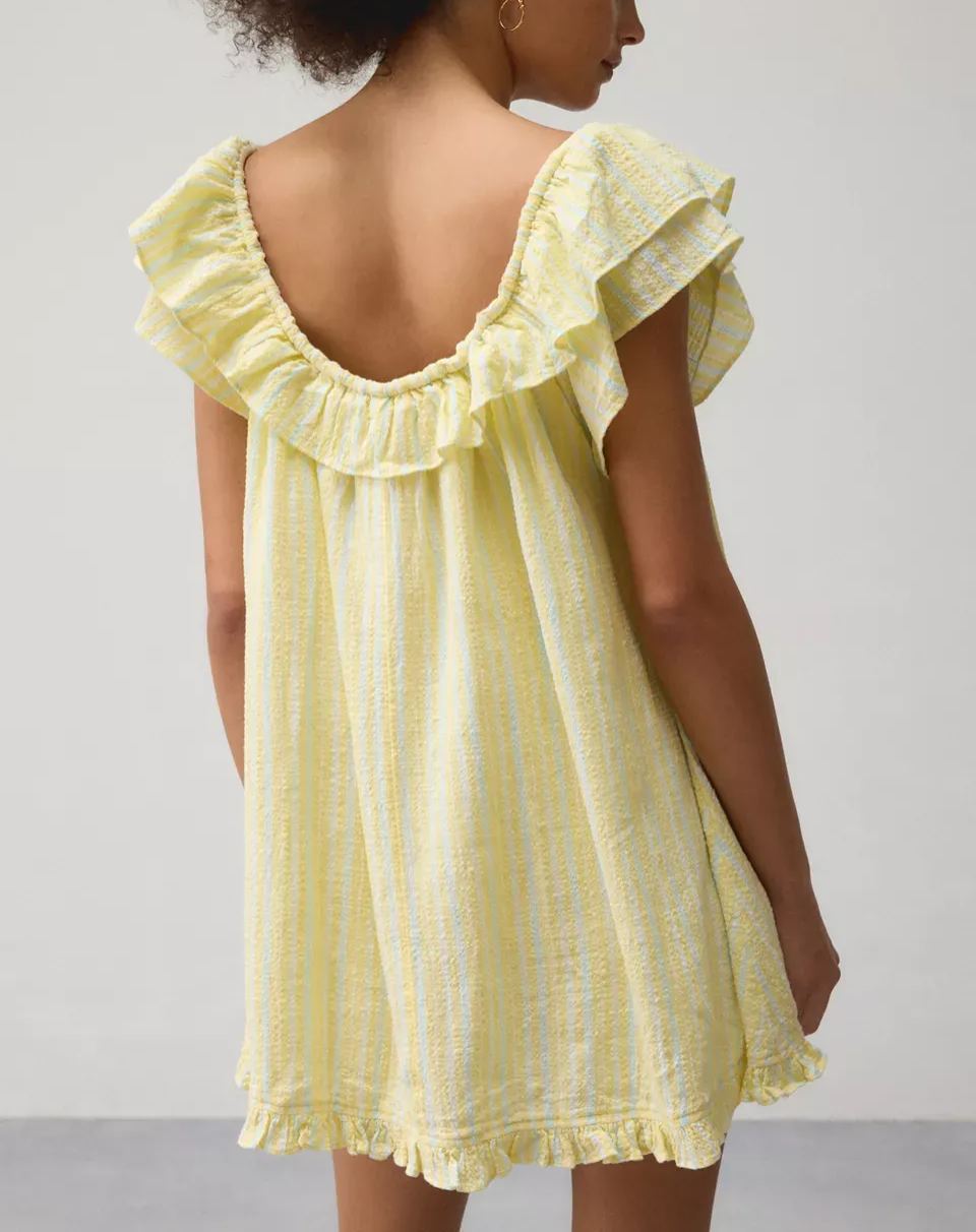 Casual Crinkled Textured Stripe Ruffle Neck Swing Mini Dress