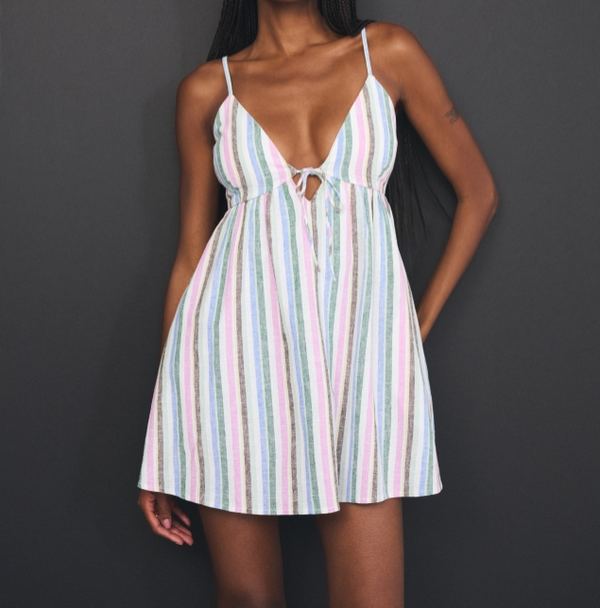 Multicolor Pastel Stripe Spaghetti Strap Tie Front Babydoll Mini Dress
