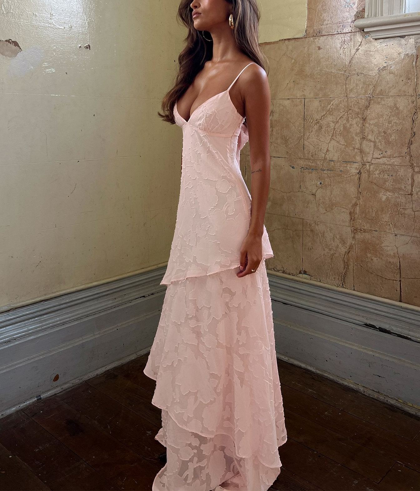 Lyricah Tiered Tie Back Maxi Dress Pink