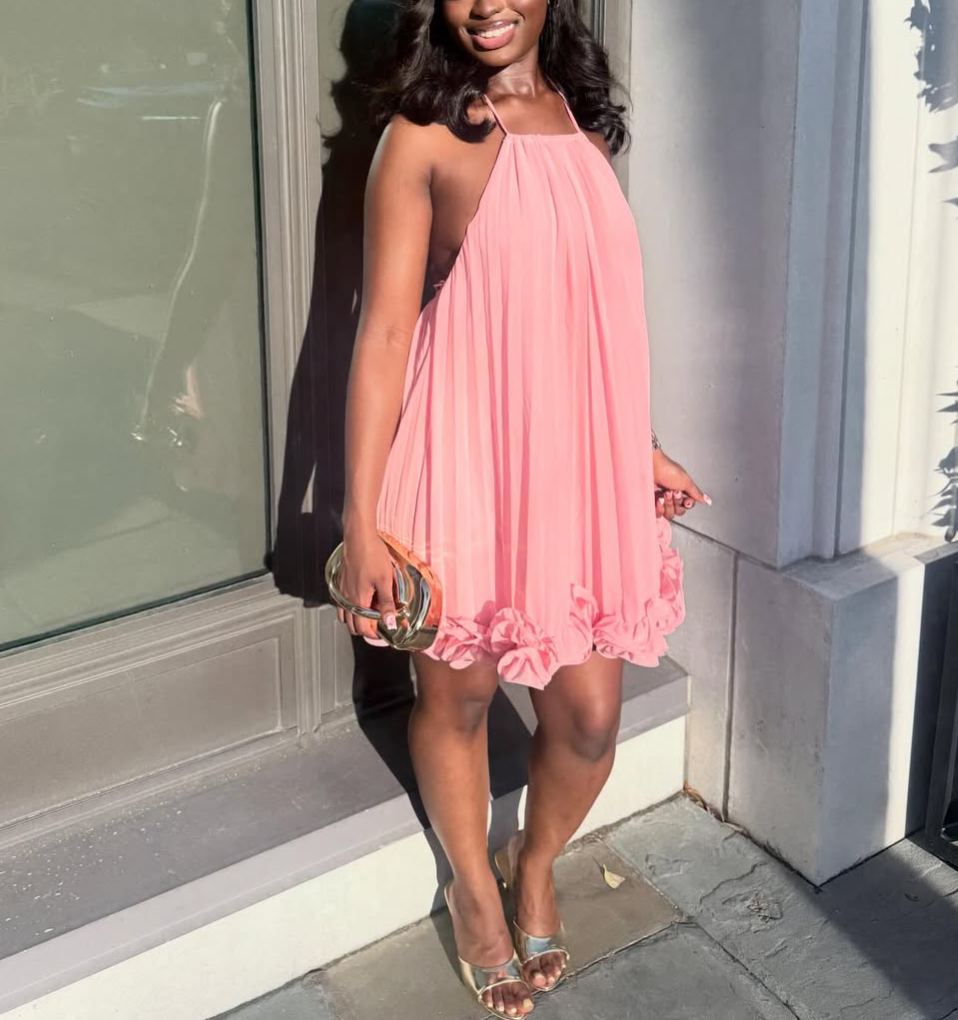 Pleated Halter Bubble Ruffle Hem Flowy Chiffon Mini Dress