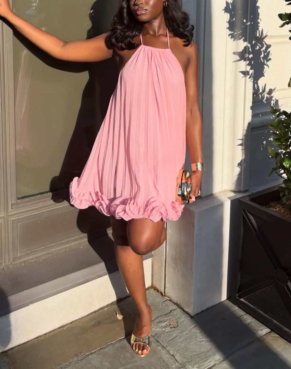 Pleated Halter Bubble Ruffle Hem Flowy Chiffon Mini Dress