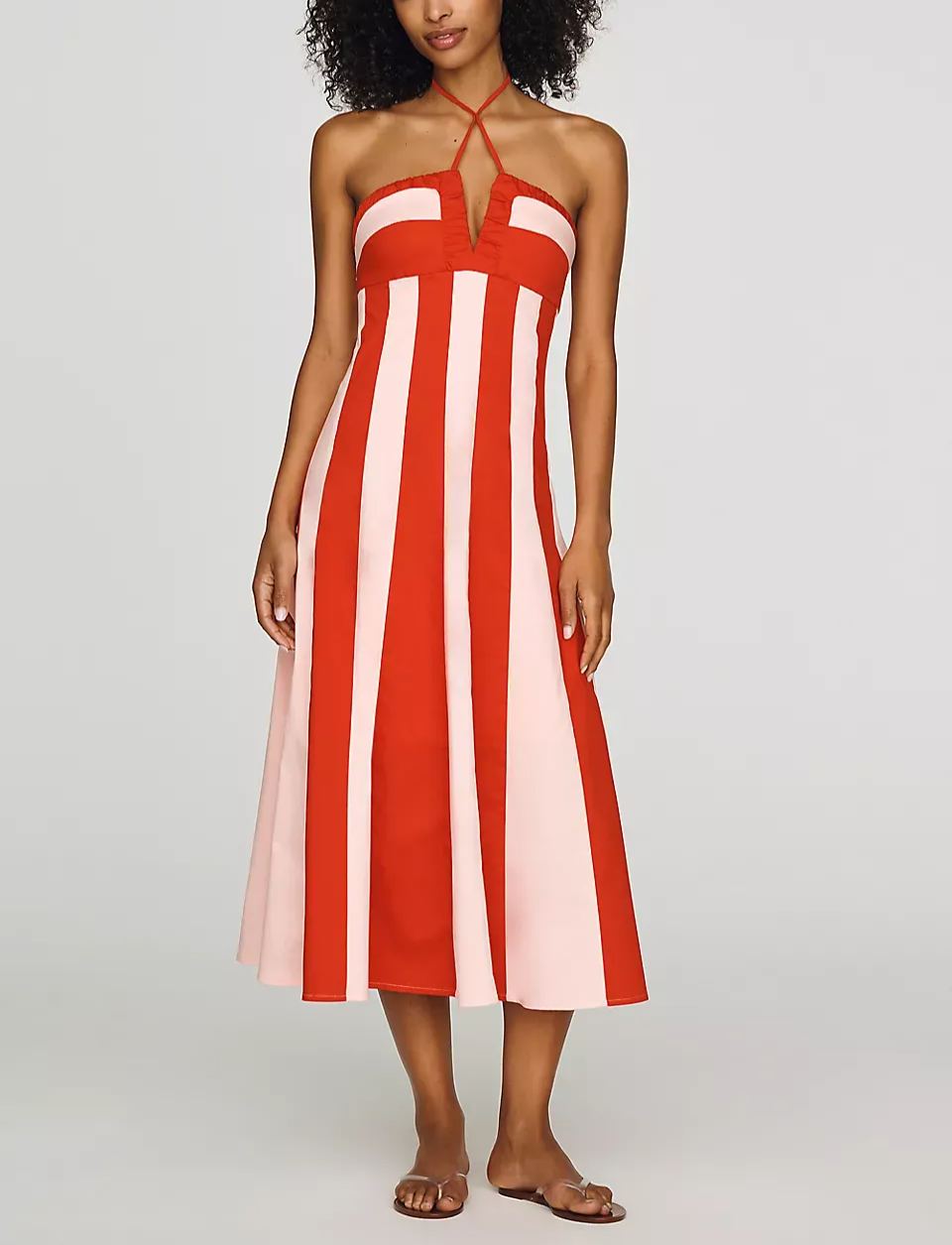Red Blush Vertical Stripe Tie Halter Keyhole Ruffled Bust Flowy A-Line Midi Dress