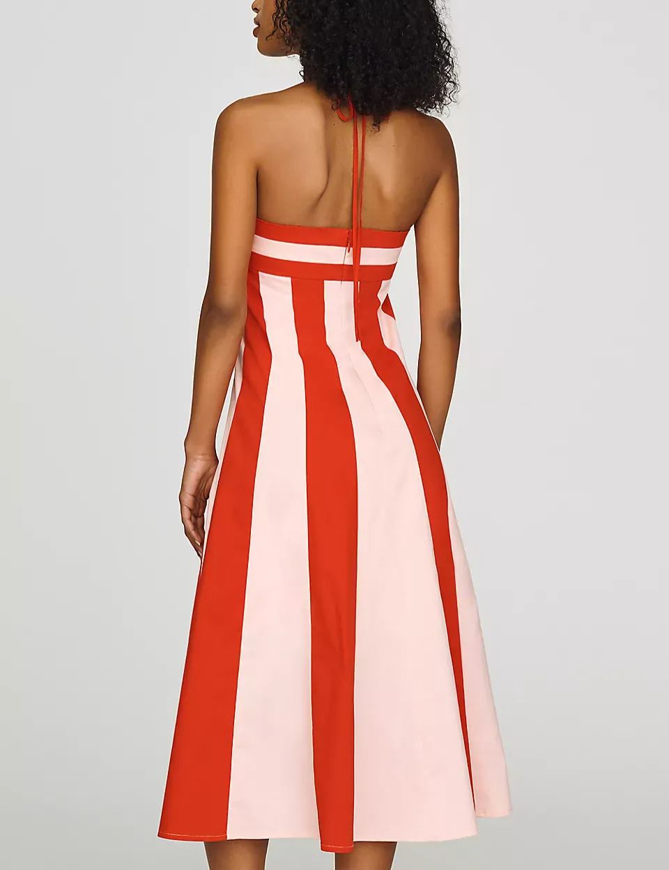 Red Blush Vertical Stripe Tie Halter Keyhole Ruffled Bust Flowy A-Line Midi Dress