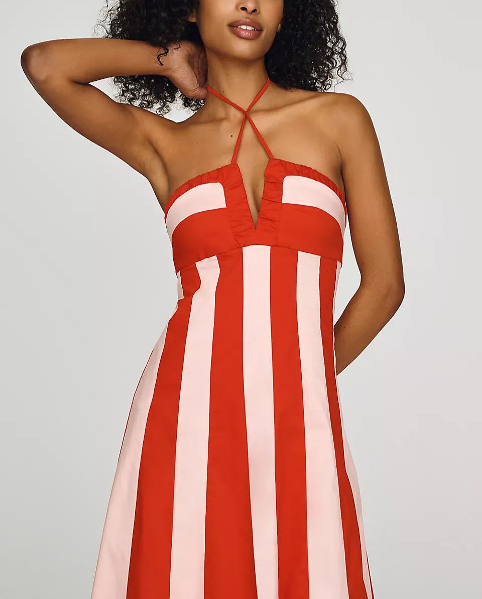 Red Blush Vertical Stripe Tie Halter Keyhole Ruffled Bust Flowy A-Line Midi Dress