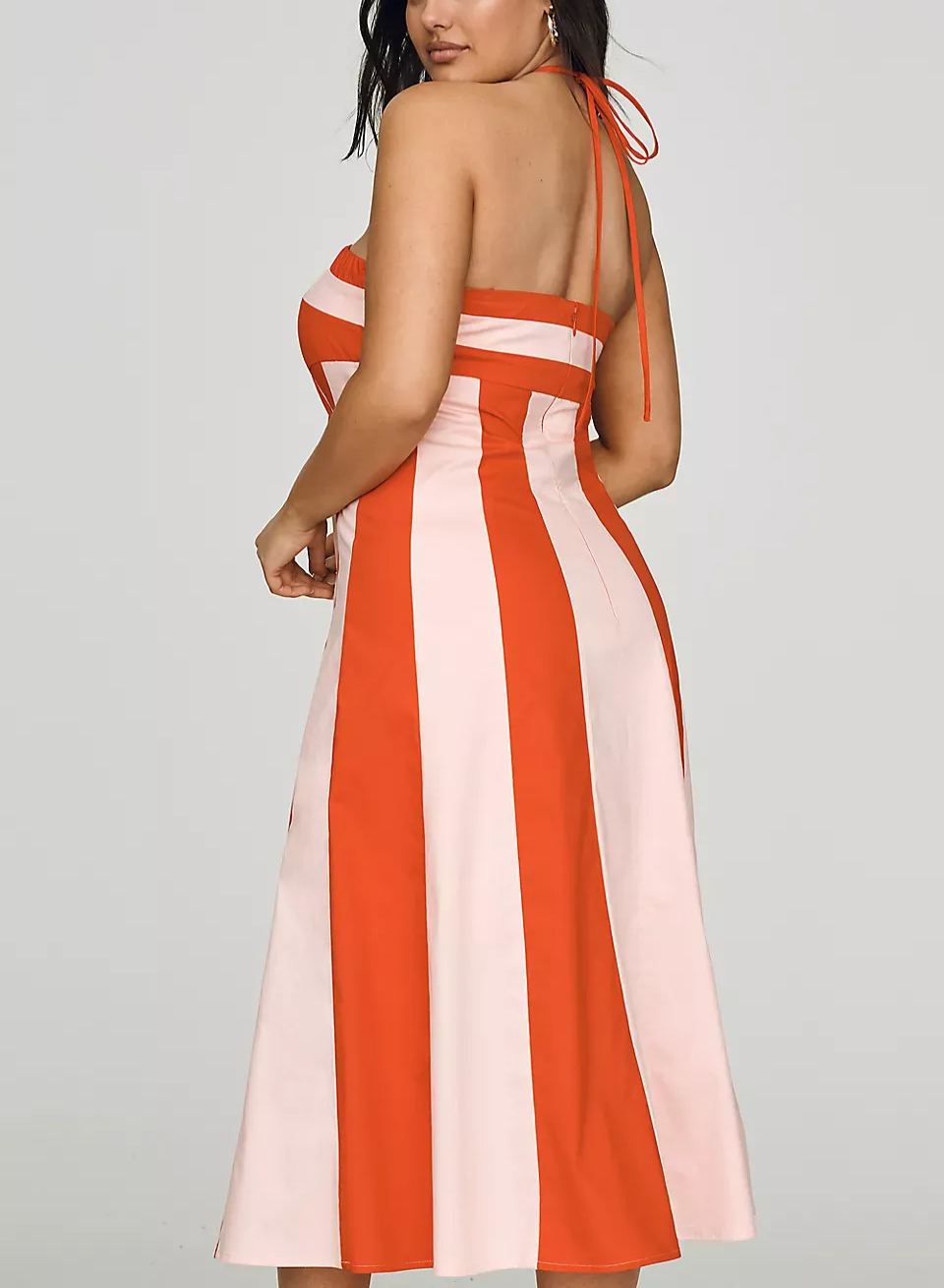 Red Blush Vertical Stripe Tie Halter Keyhole Ruffled Bust Flowy A-Line Midi Dress