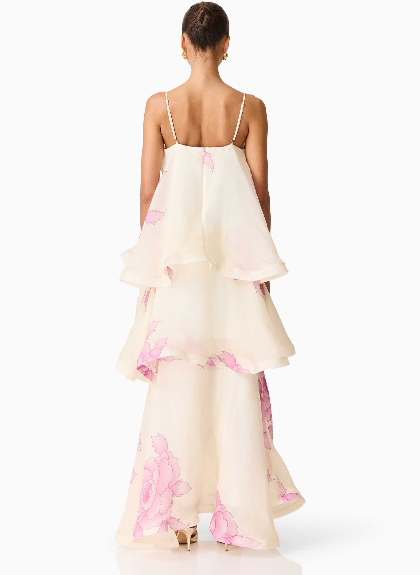Ivory Pink Rose Tiered Maxi Dress