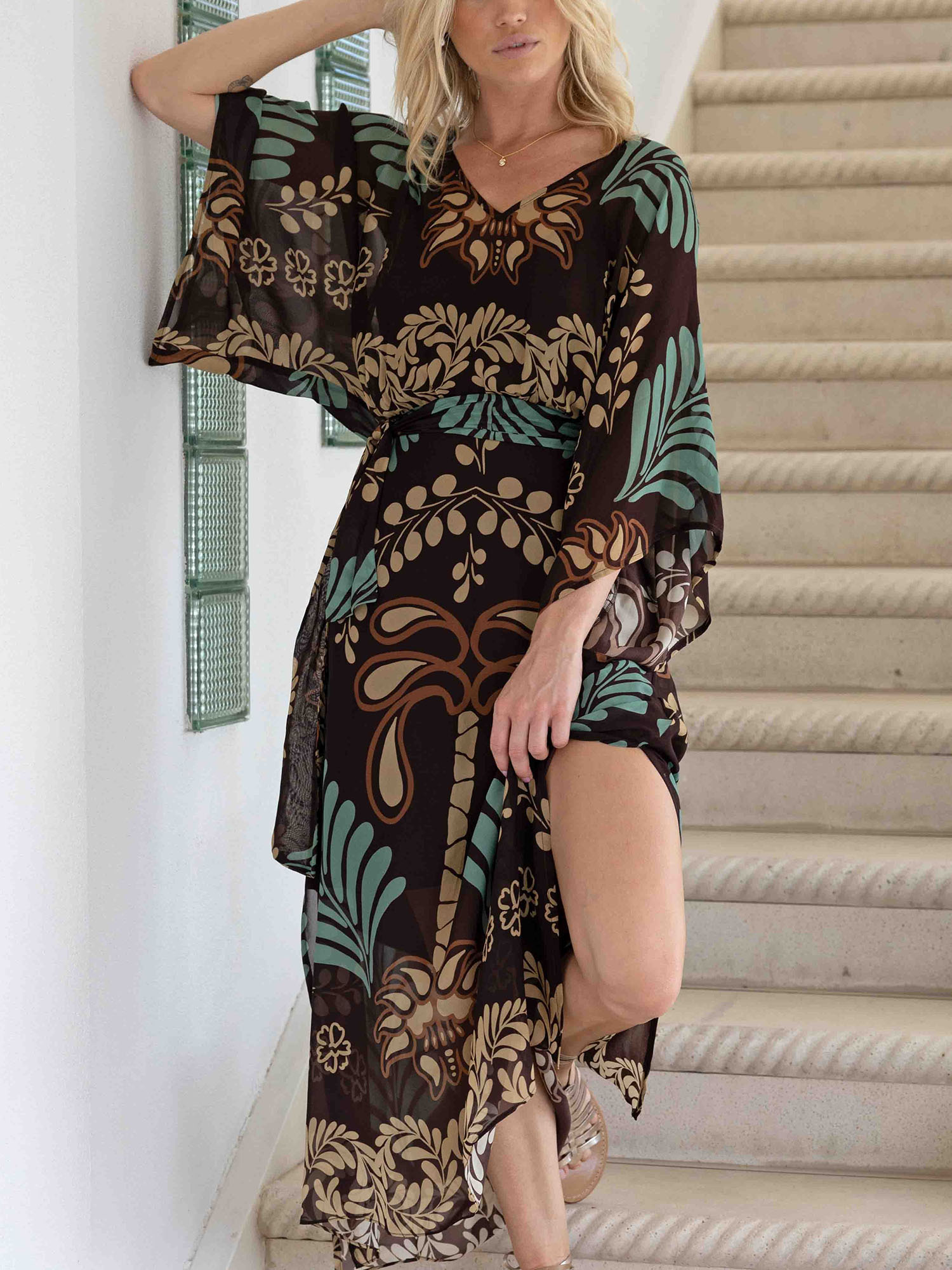Tropical Print Kimono-Sleeve Maxi Dress