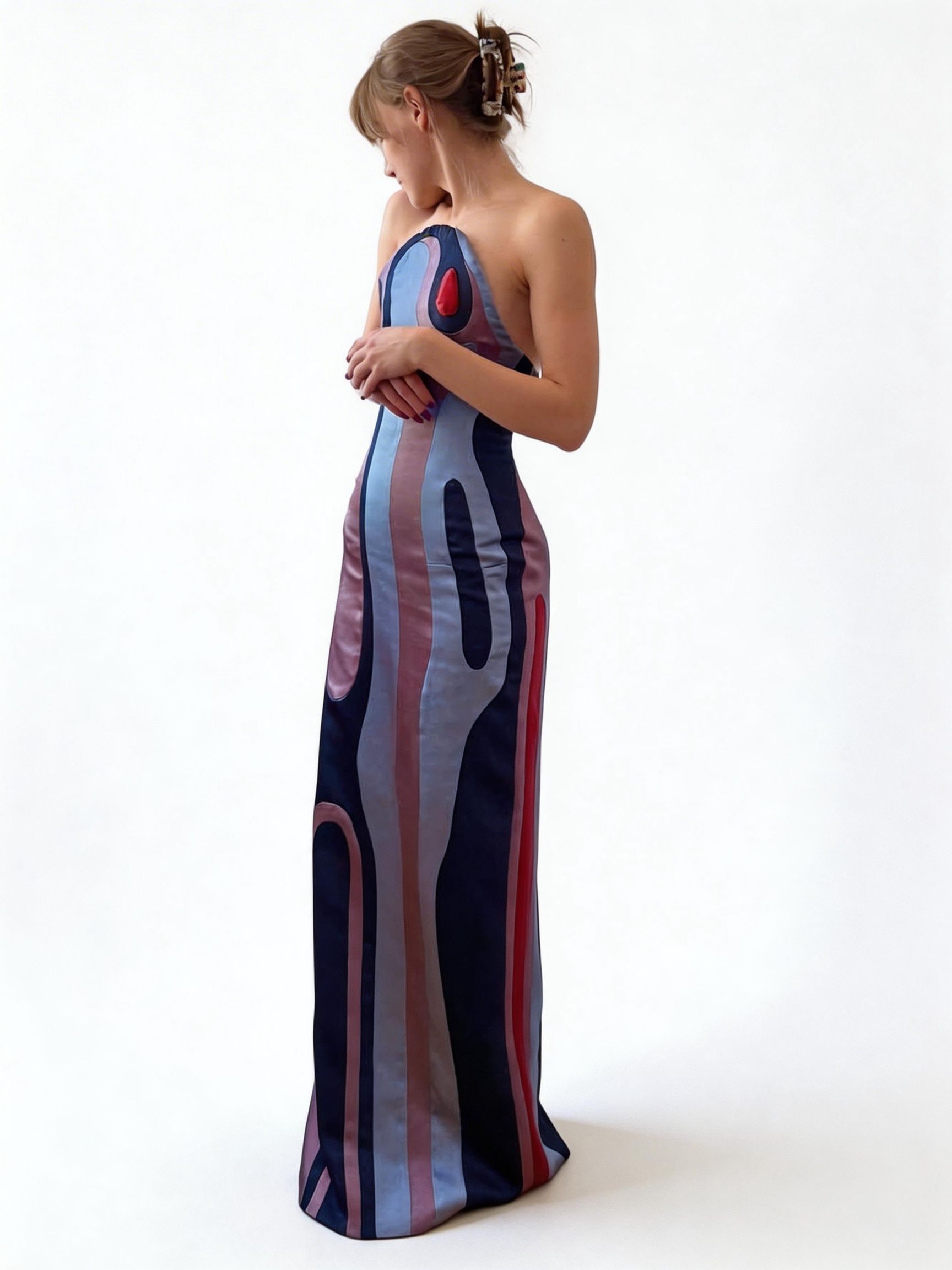 Abstract Art Strapless Satin Maxi Dress