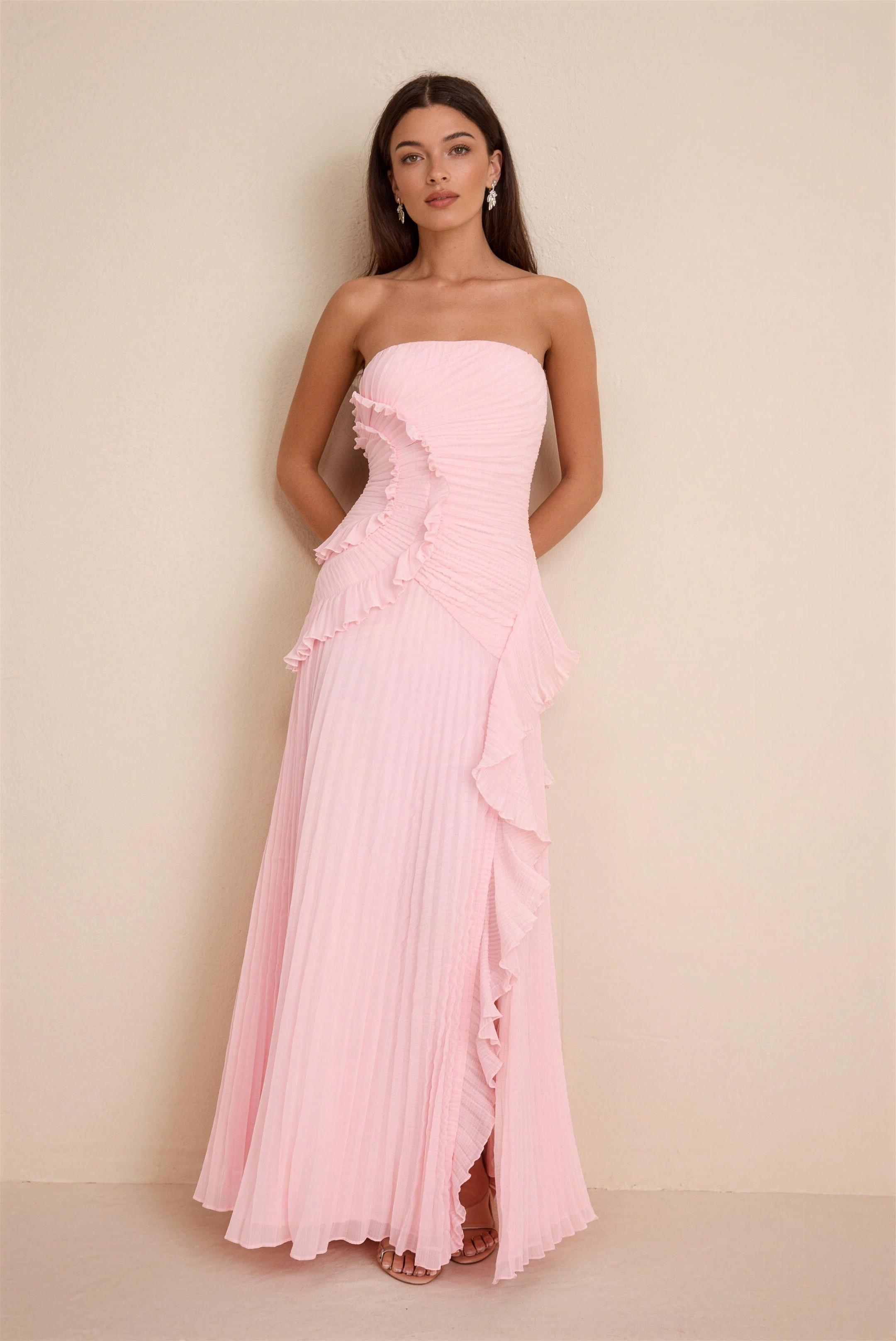 Blush Pink Strapless Pleated Ruffle Maxi Dress