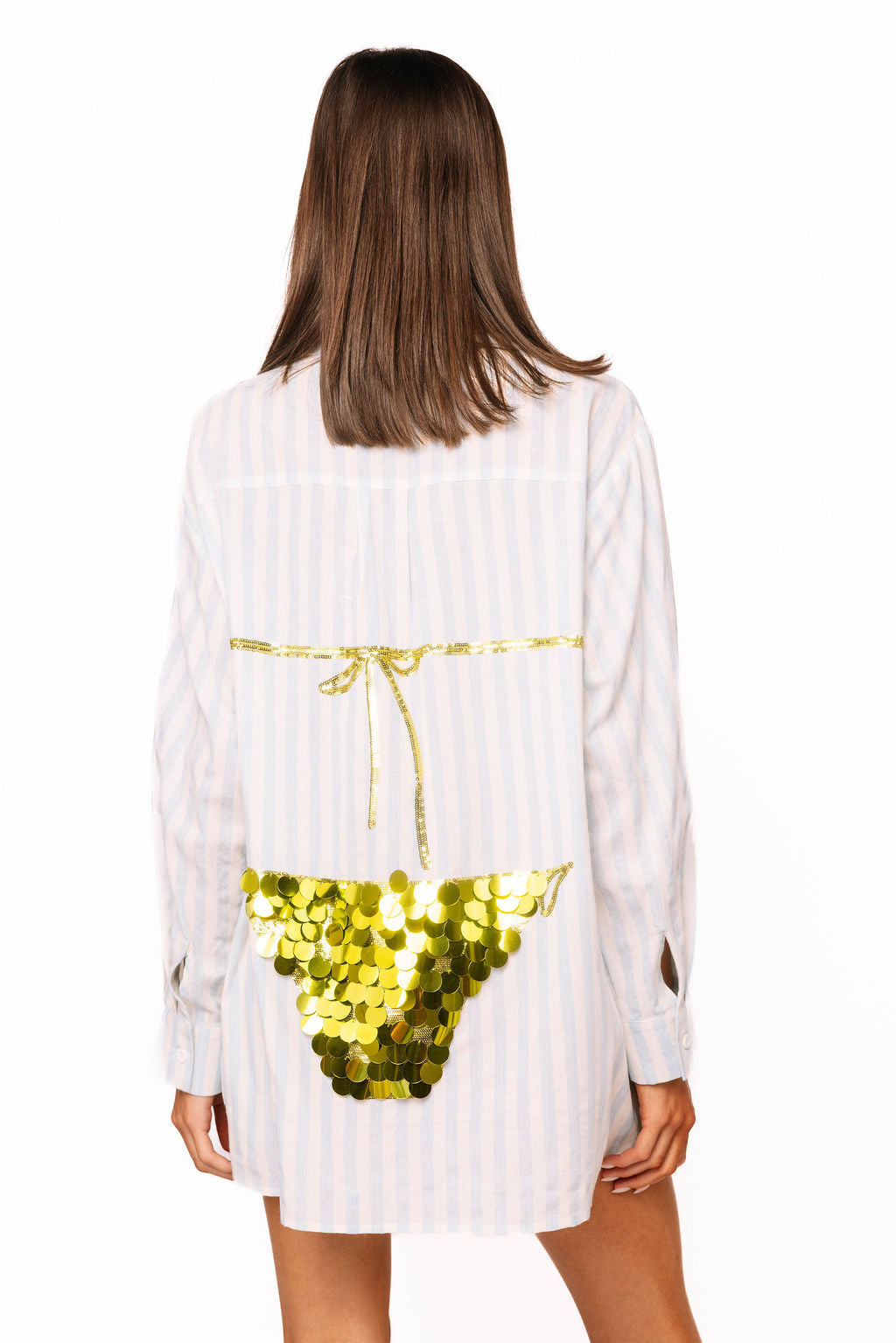 Blue & White Stripe Cotton Button Up With Gold Bikini Tunic