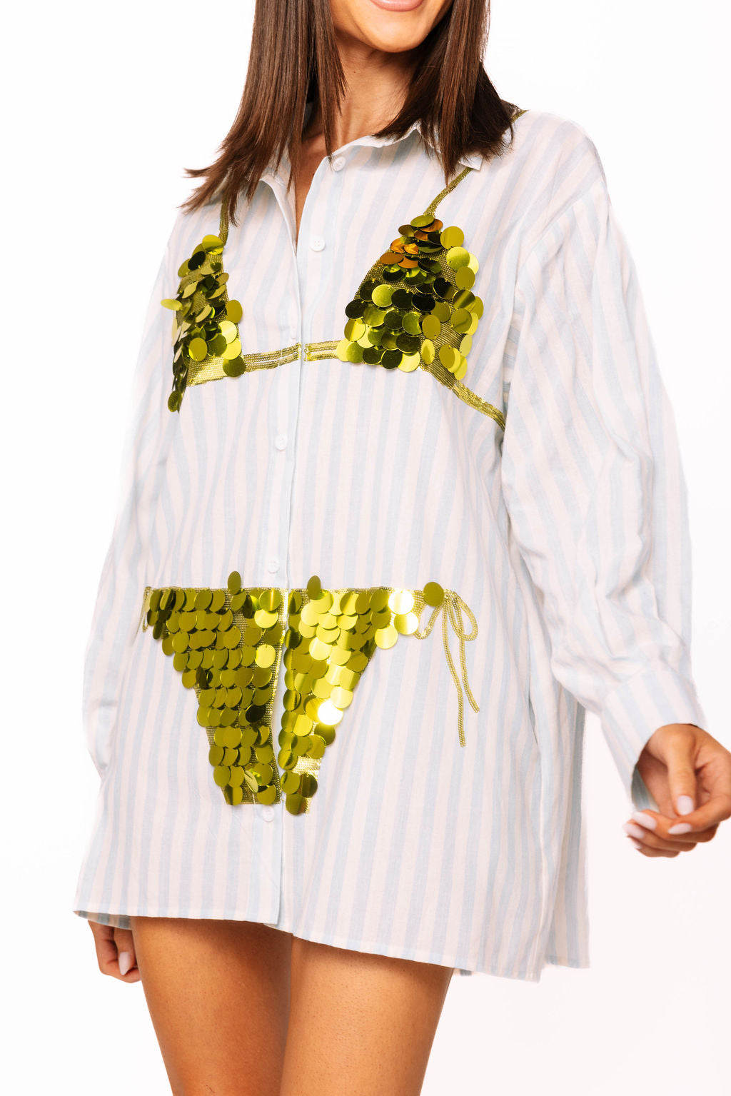Blue & White Stripe Cotton Button Up With Gold Bikini Tunic