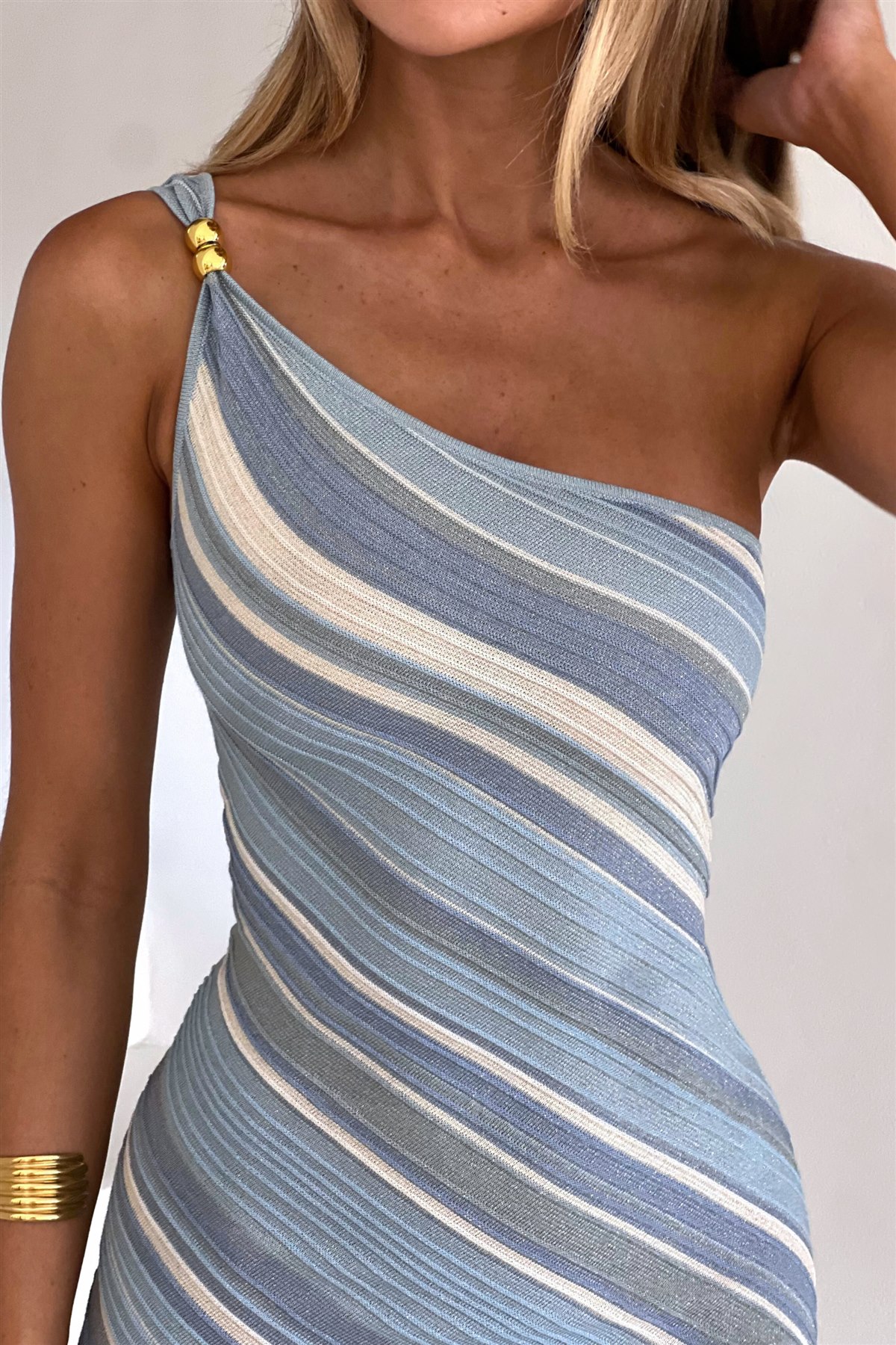 MARINA ONE-SHOULDER MINI DRESS — BLUE STRIPE