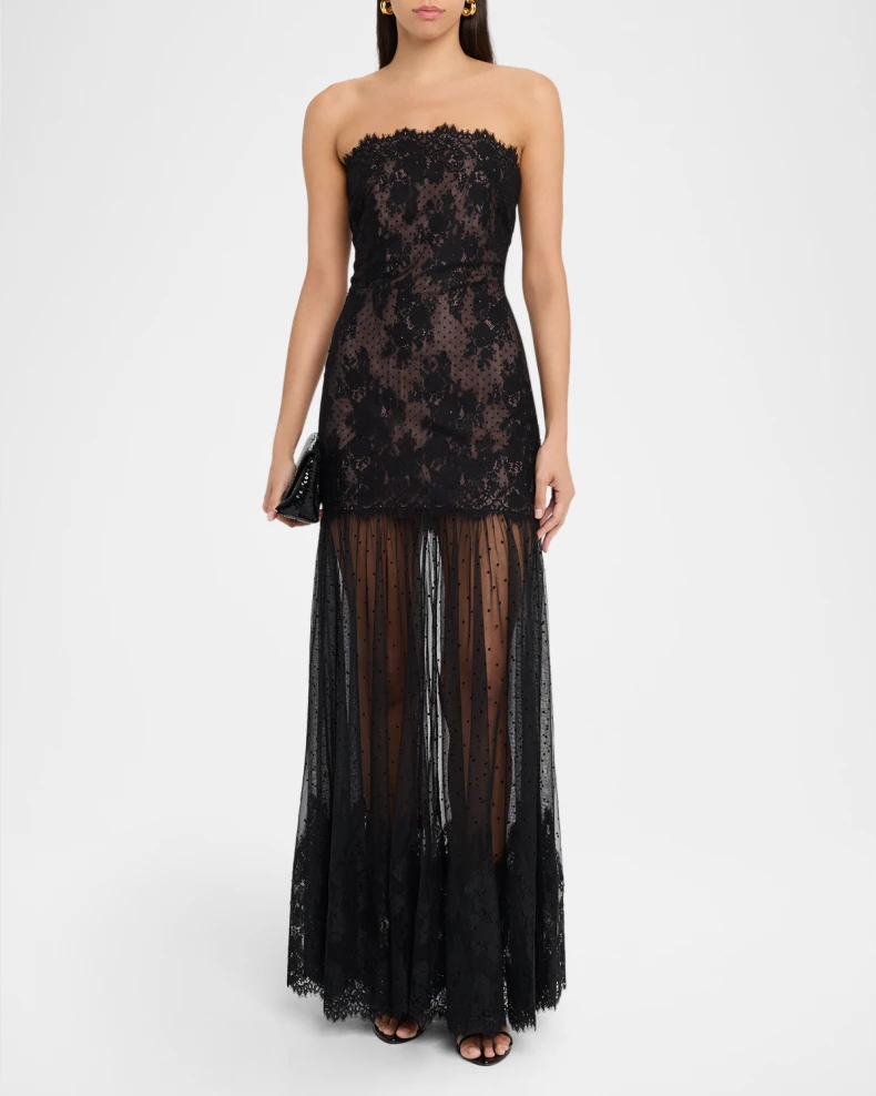 Black Strapless Floral Lace & Polka Dot Mesh Maxi Dress