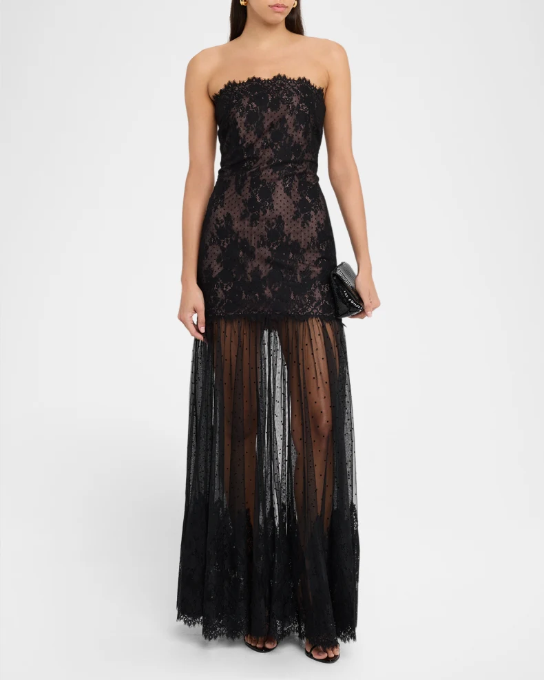 Black Strapless Floral Lace & Polka Dot Mesh Maxi Dress