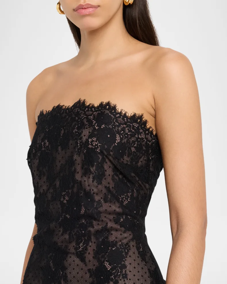 Black Strapless Floral Lace & Polka Dot Mesh Maxi Dress