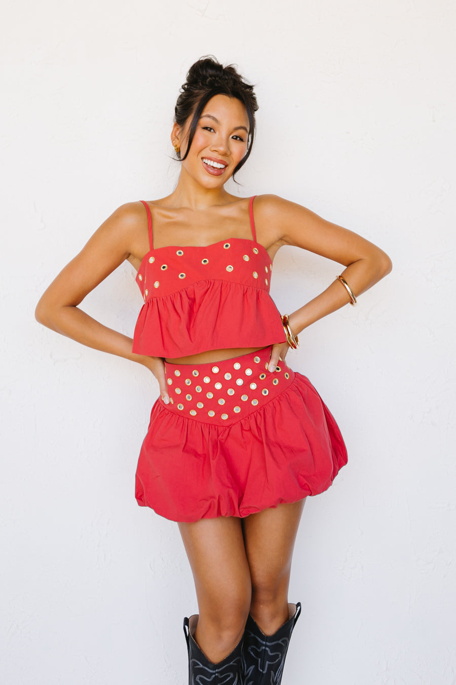 Stud-Embellished Two-Piece Bubble Skirt Set