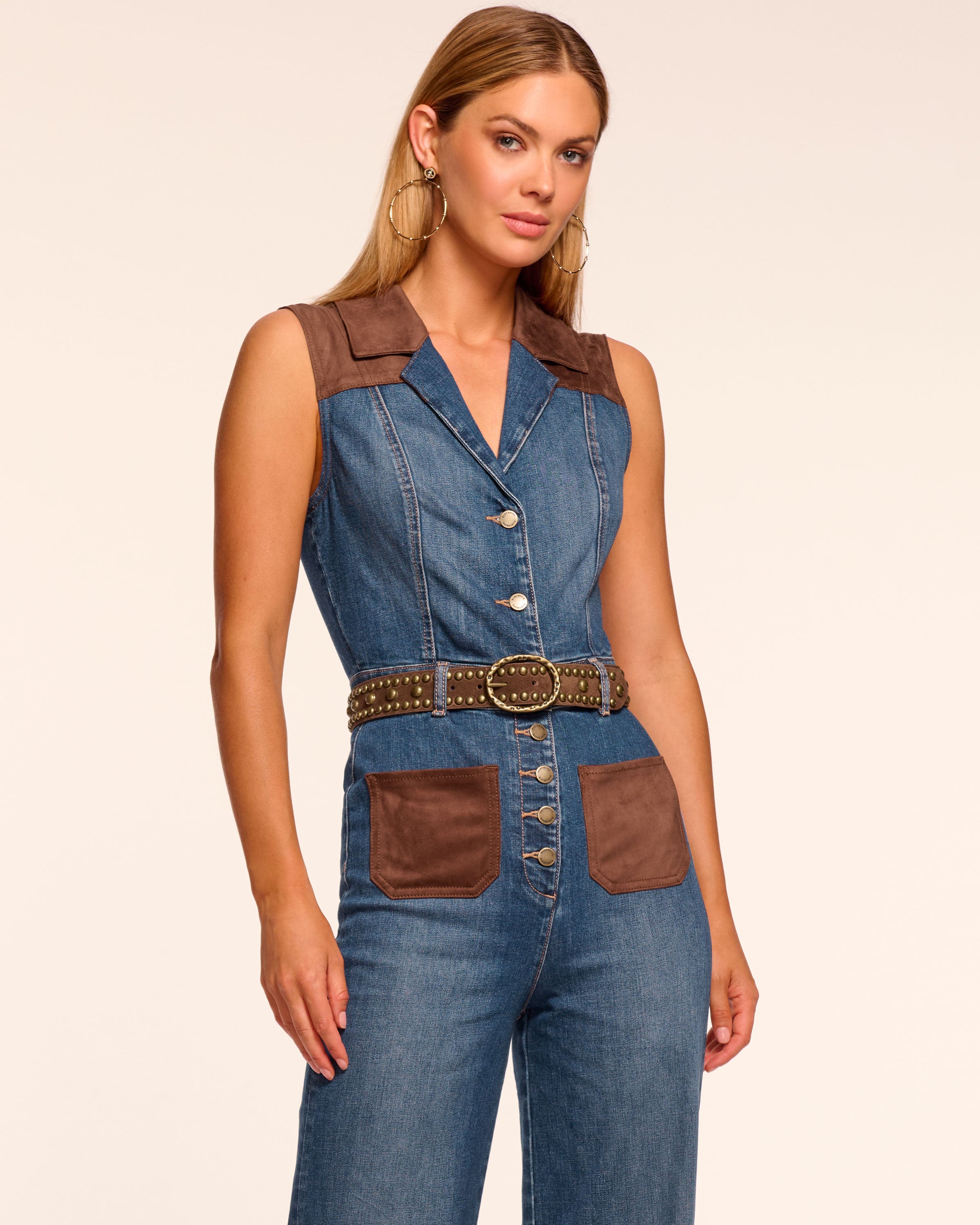 Claudette Fauxe Suede Trim Denim Jumpsuit