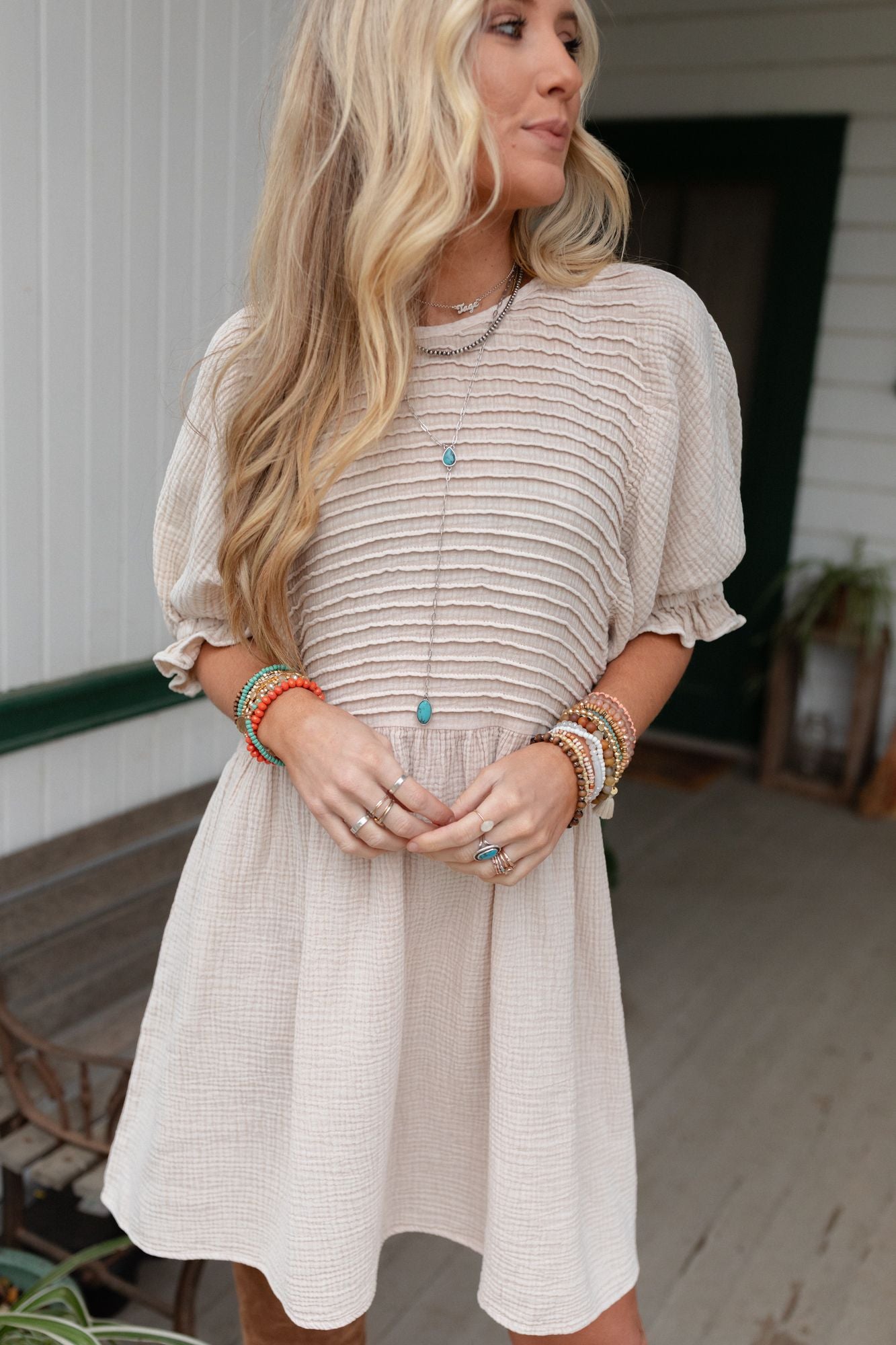 Quinn Puff Sleeve Mini Dress - Natural