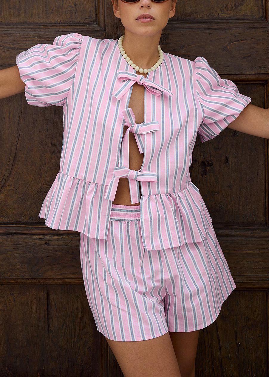 Striped drawstring short-sleeved shorts set
