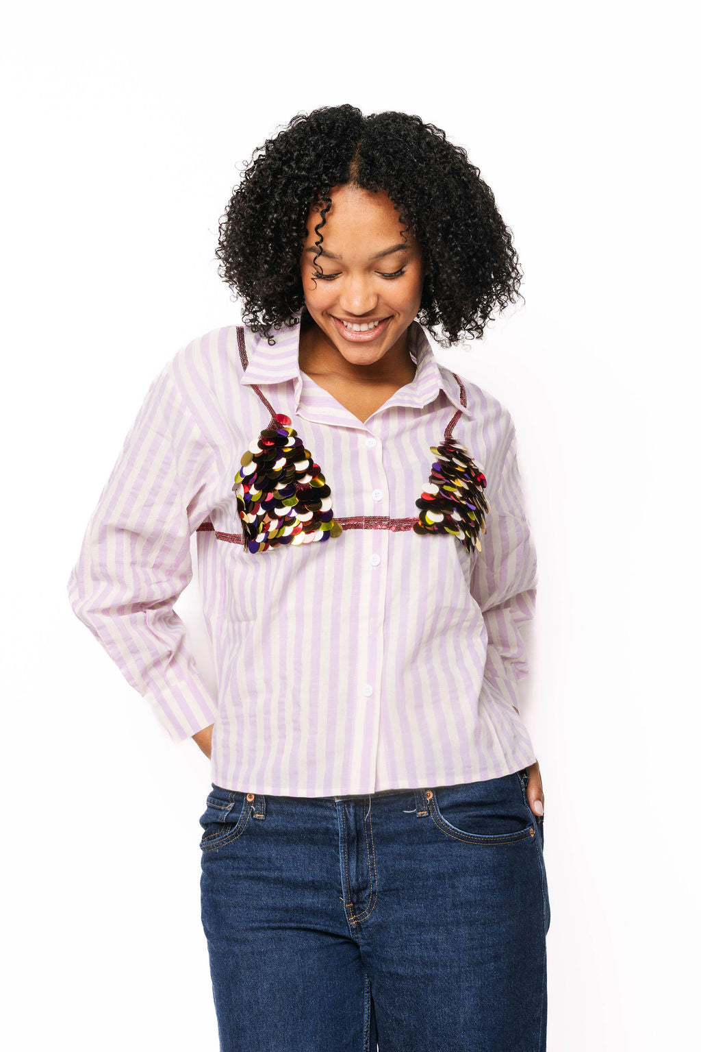 Lavender Stripe Pailette Bikini Top