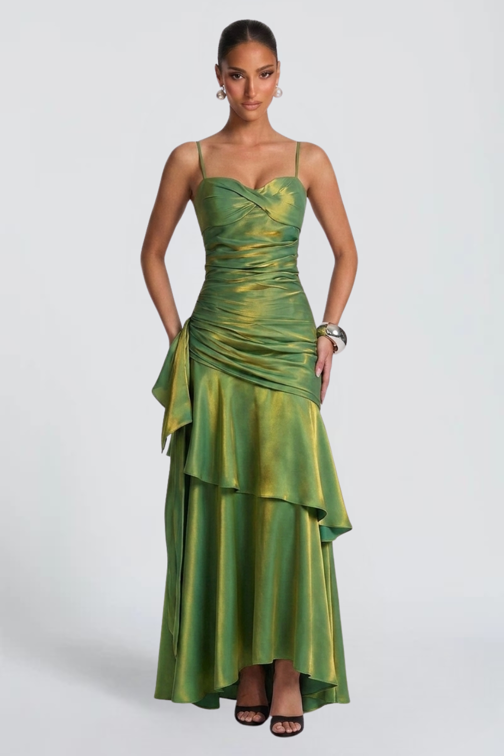 Metallic Green Ruched Tiered Maxi Dress