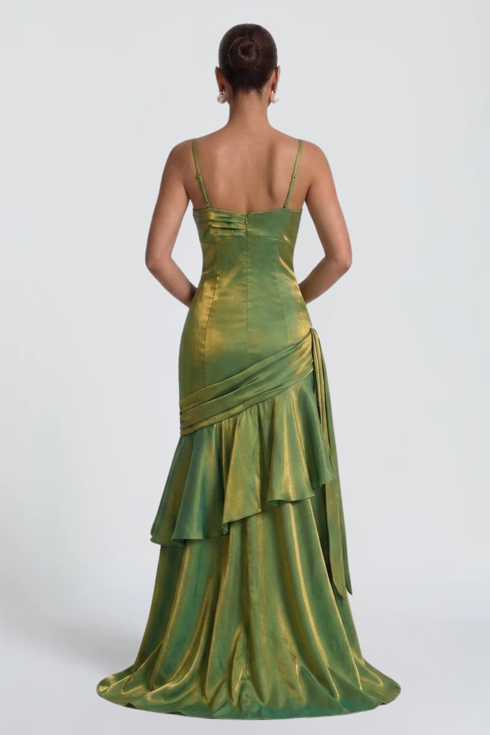 Metallic Green Ruched Tiered Maxi Dress