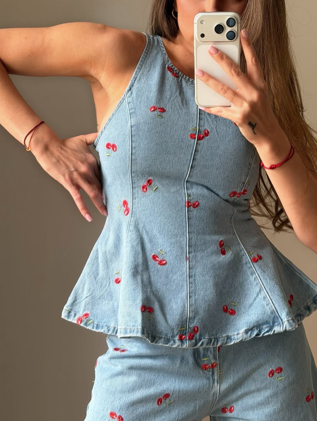 Light Wash Denim Cherry Embroidery Two-Piece Set
