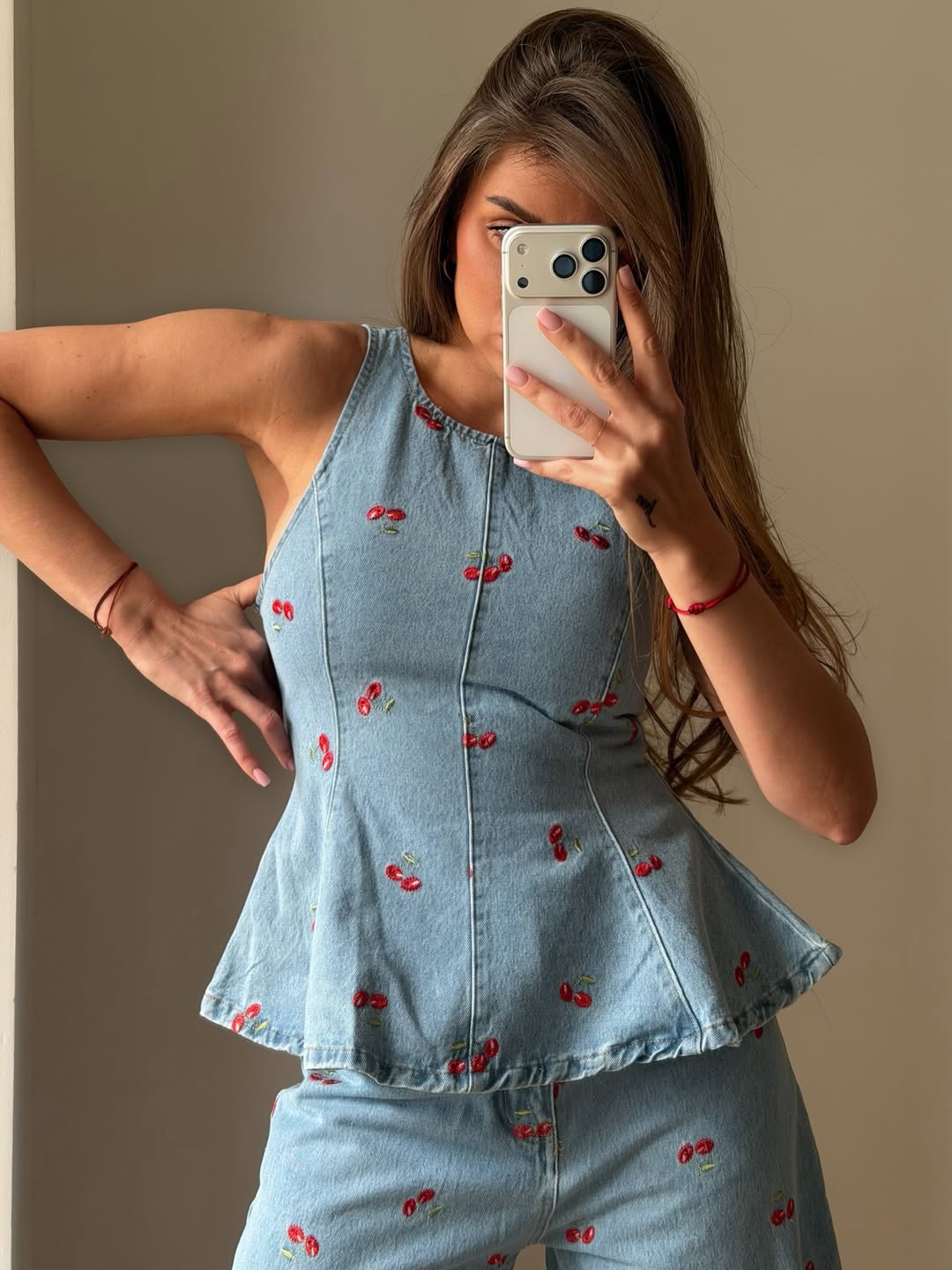 Light Wash Denim Cherry Embroidery Two-Piece Set