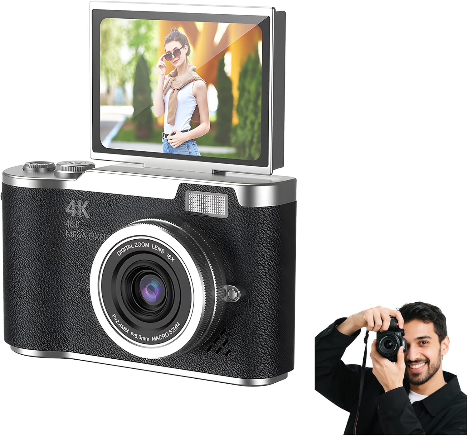 4K Foldable Screen Student Camera, Point and Shoot Digital Cameras with 32GB TF Card, Portable Camera FHD 48MP 4K Digital Camera with 8X Zoom Anti-Shake with Flip Screen (White, Camera Body Only)
