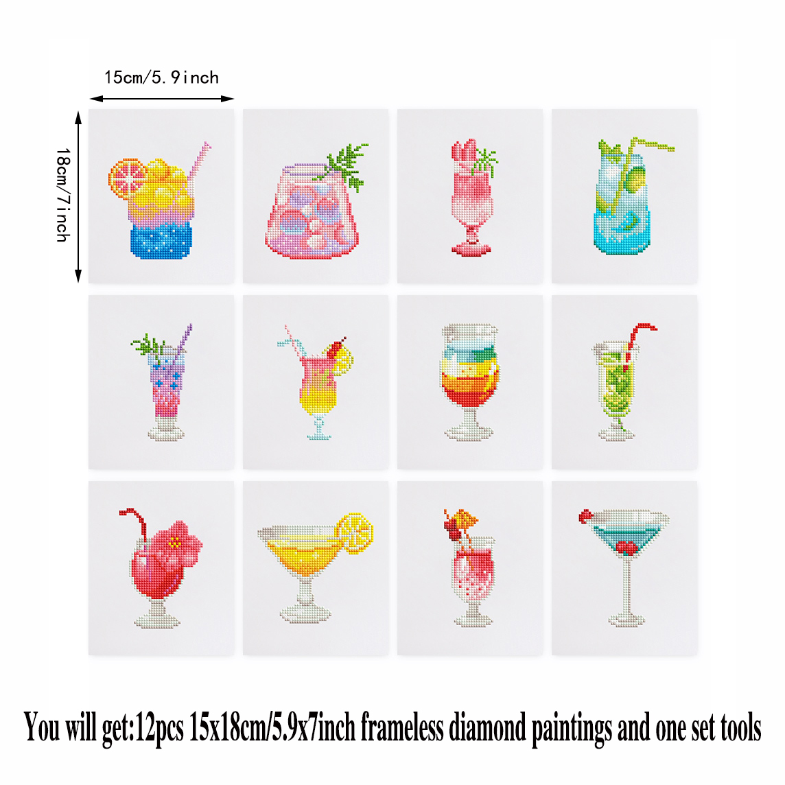 Frameless, mini diamond painting, creative mini diamond painting of summer drinks on the entrance flower house table, creative simple pattern diamond painting, 12 pcs, 5.9 X7 inches.