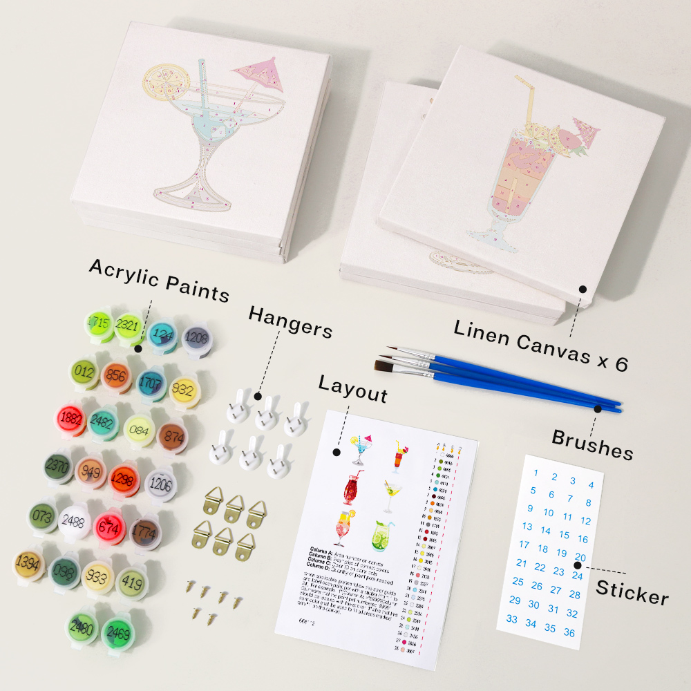 6 pieces, summer beverage desktop accessories digital mini painted set, 15x15cm/5.9x5.9 inches, handmade for family leisure, perfect gift for friends and family.