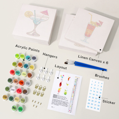 6 pieces, summer beverage desktop accessories digital mini painted set, 15x15cm/5.9x5.9 inches, handmade for family leisure, perfect gift for friends and family.