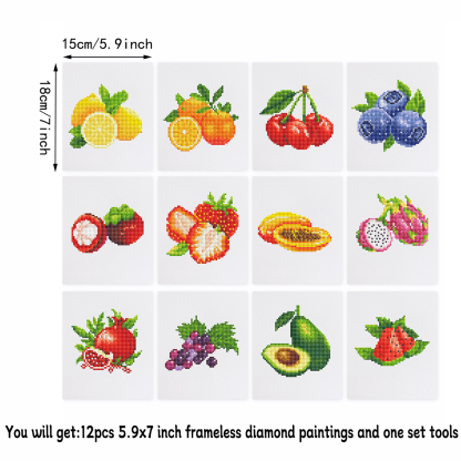 Frameless, mini diamond painting, fruit creative mini diamond painting on the entrance flower house desktop, creative simple pattern diamond painting, 12 pcs, 5.9 X7 inches.