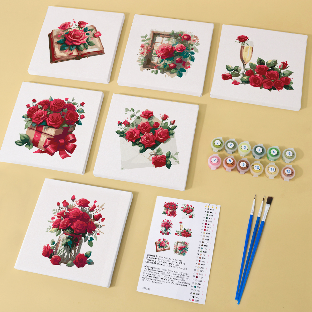 6 pieces, beautiful flower accessory digital mini painting set, 15x15cm/5.9x5.9 inches, handmade for home leisure, perfect gift for family and friends.