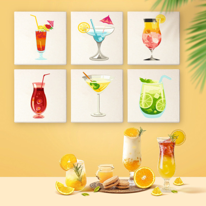 6 pieces, summer beverage desktop accessories digital mini painted set, 15x15cm/5.9x5.9 inches, handmade for family leisure, perfect gift for friends and family.