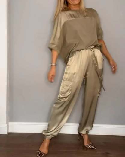 👗Smooth Satin Half-sleeved Top and Pants Set💝