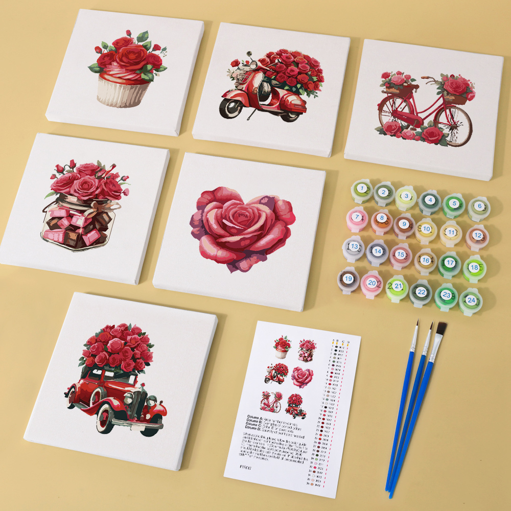 6 pieces, beautiful flower accessory digital mini painting set, 15x15cm/5.9x5.9 inches, handmade for home leisure, perfect gift for family and friends.
