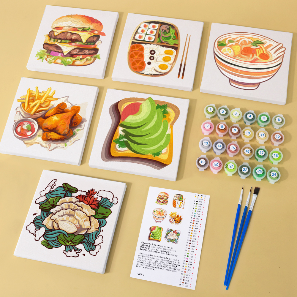 6 pieces, digital mini painted set of food desktop accessories, 15x15cm/5.9x5.9 inches, handmade for family leisure, perfect gift for friends and family.
