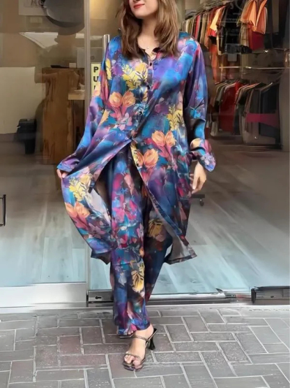 Women's Fashion Casual Lapel Button Print Black Shirt and Pants Two-Piece Set