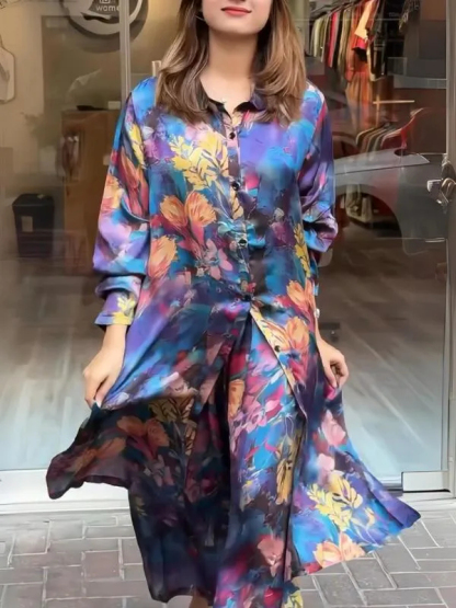 Women's Fashion Casual Lapel Button Print Black Shirt and Pants Two-Piece Set