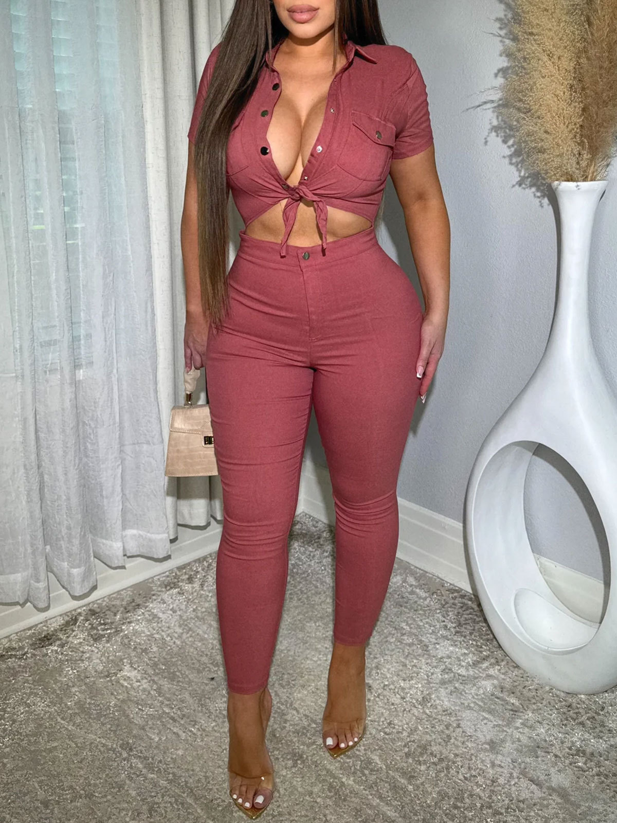 Women Lapel Hollow Out Skinny One Piece Jeans Romper Denim Jumpsuit