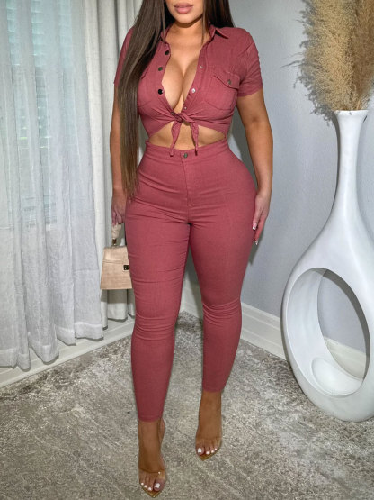 Women Lapel Hollow Out Skinny One Piece Jeans Romper Denim Jumpsuit